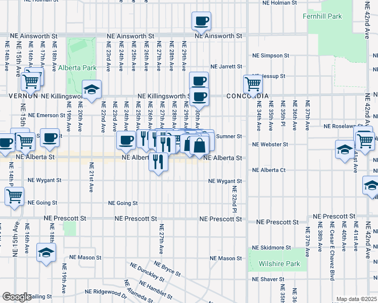map of restaurants, bars, coffee shops, grocery stores, and more near 5026 Northeast 29th Avenue in Portland