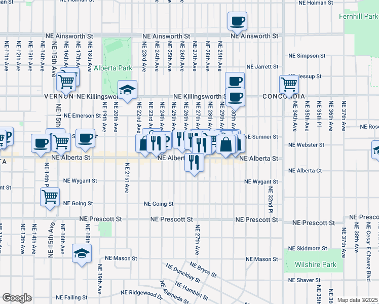 map of restaurants, bars, coffee shops, grocery stores, and more near 5028 Northeast 26th Avenue in Portland