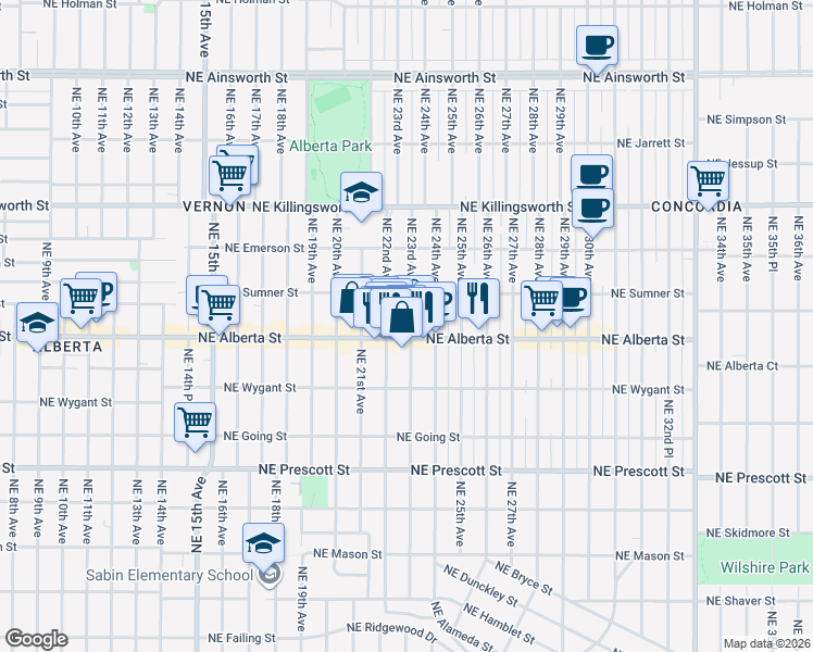map of restaurants, bars, coffee shops, grocery stores, and more near 5022 Northeast 23rd Avenue in Portland