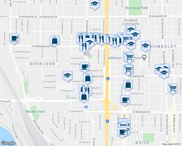 map of restaurants, bars, coffee shops, grocery stores, and more near in Portland