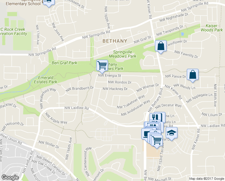 map of restaurants, bars, coffee shops, grocery stores, and more near 15842 Northwest Hackney Drive in Portland
