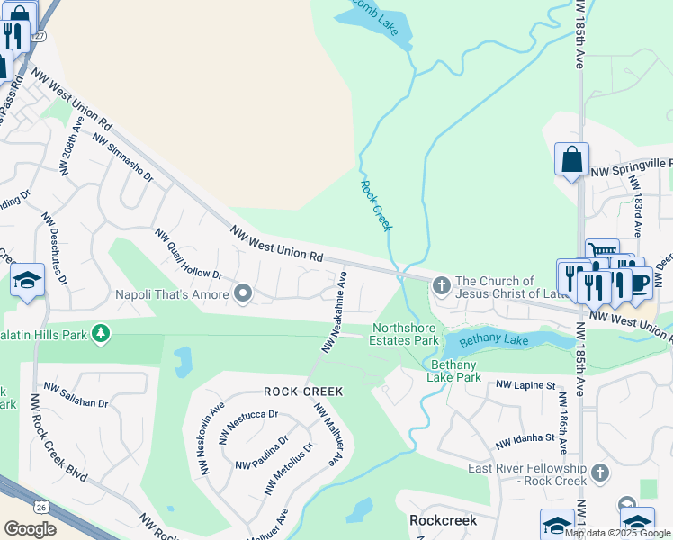 map of restaurants, bars, coffee shops, grocery stores, and more near 19605 Northwest Quail Hollow Drive in Portland