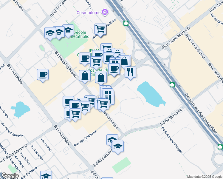 map of restaurants, bars, coffee shops, grocery stores, and more near 526 Boulevard Saint-Martin Ouest in Laval