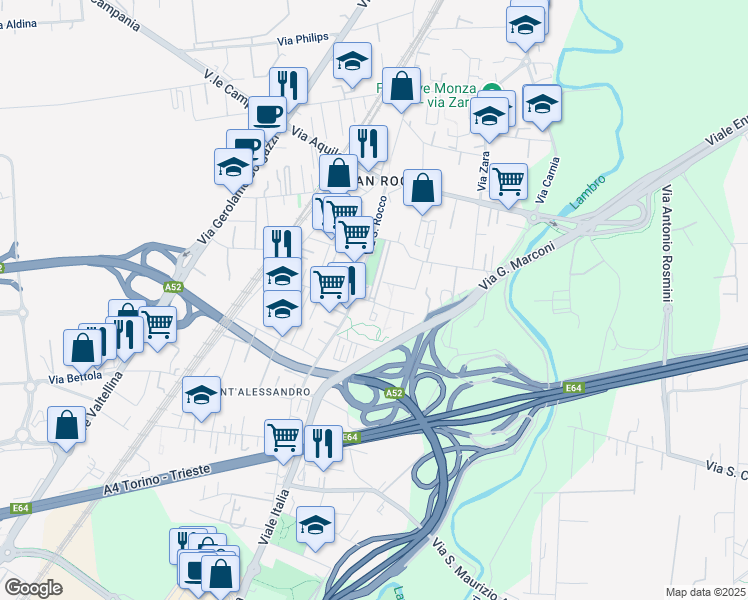 map of restaurants, bars, coffee shops, grocery stores, and more near 9 Via Solone in Monza