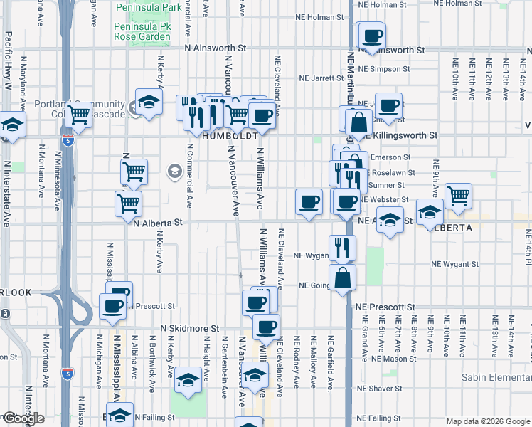 map of restaurants, bars, coffee shops, grocery stores, and more near 5018 North Williams Avenue in Portland