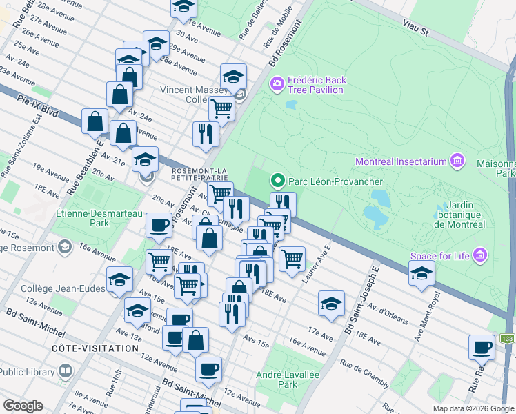 map of restaurants, bars, coffee shops, grocery stores, and more near 5542 Boulevard Pie-IX in Montréal