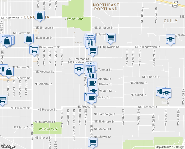 map of restaurants, bars, coffee shops, grocery stores, and more near 5028 Northeast 42nd Avenue in Portland