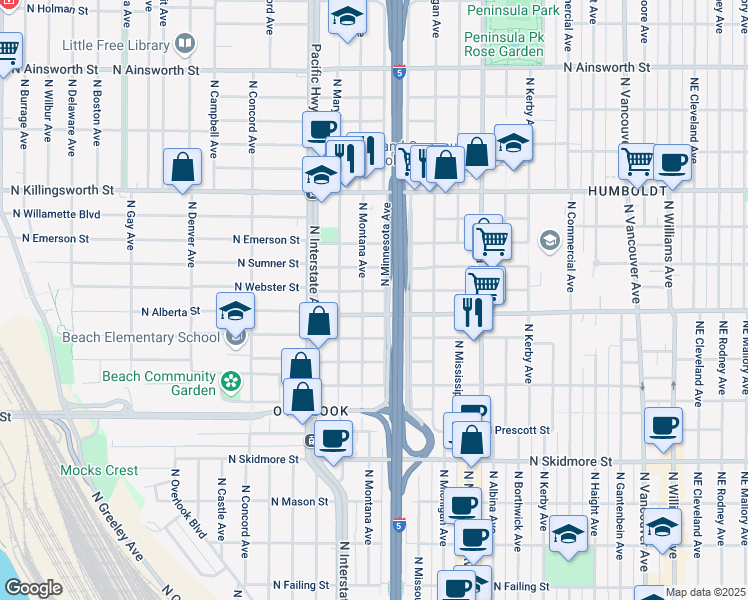 map of restaurants, bars, coffee shops, grocery stores, and more near 5025 North Minnesota Avenue in Portland