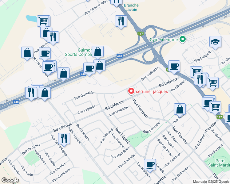 map of restaurants, bars, coffee shops, grocery stores, and more near 4295 Rue Guénette in Laval