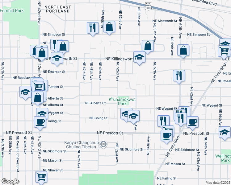 map of restaurants, bars, coffee shops, grocery stores, and more near 5025 Northeast 52nd Avenue in Portland