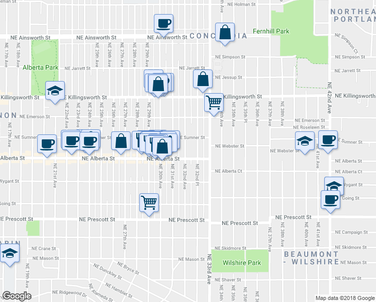 map of restaurants, bars, coffee shops, grocery stores, and more near 5028 Northeast 32nd Avenue in Portland