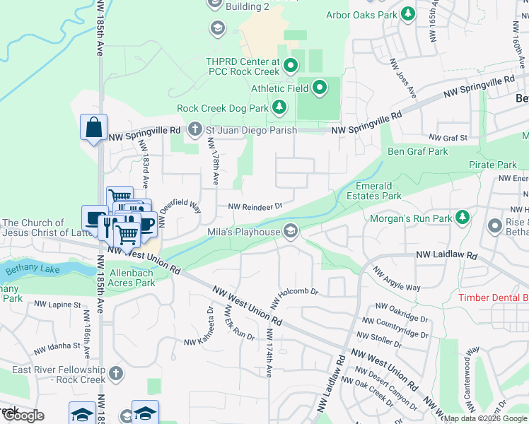 map of restaurants, bars, coffee shops, grocery stores, and more near 17528 Northwest Reindeer Drive in Portland