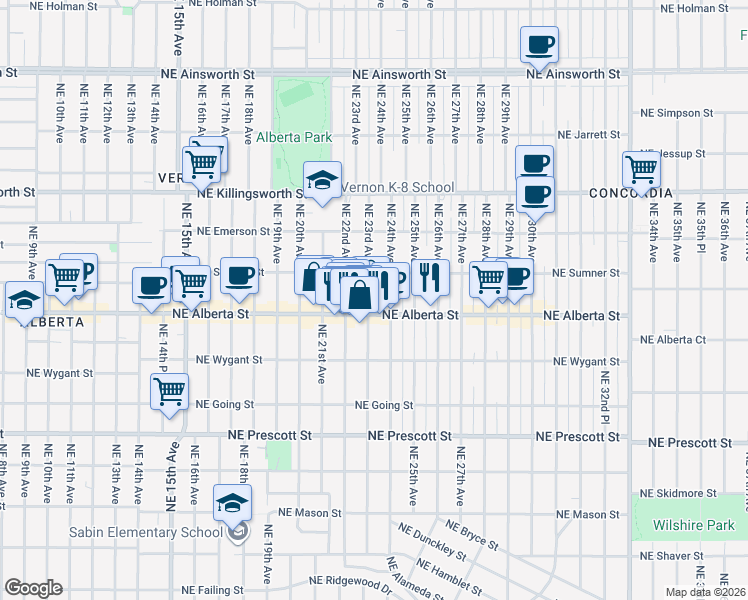 map of restaurants, bars, coffee shops, grocery stores, and more near 5022 Northeast 23rd Avenue in Portland