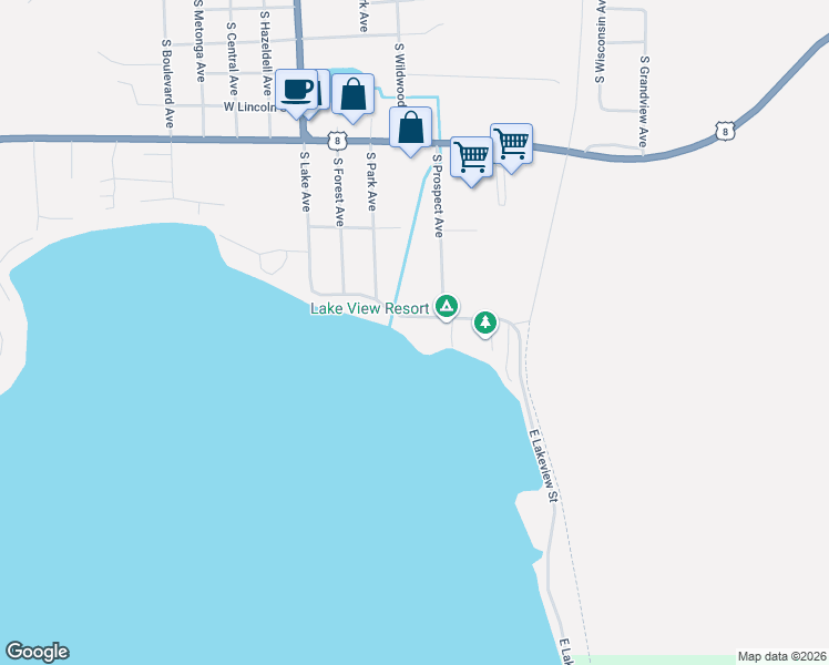 map of restaurants, bars, coffee shops, grocery stores, and more near 308 East Lakeview Street in Crandon