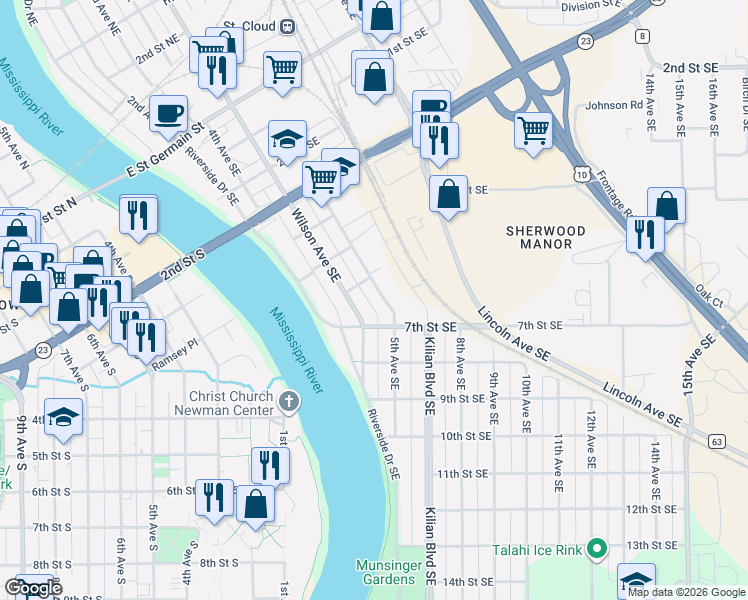 map of restaurants, bars, coffee shops, grocery stores, and more near 624 5th Avenue Southeast in St. Cloud