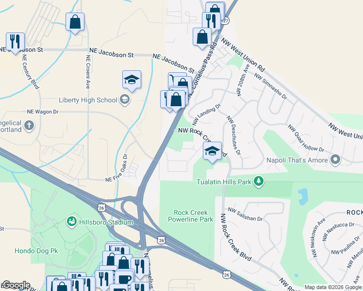 map of restaurants, bars, coffee shops, grocery stores, and more near 21415 Northwest Kenai Court in Portland