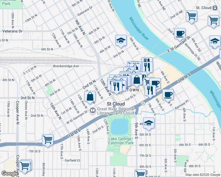 map of restaurants, bars, coffee shops, grocery stores, and more near 930 1st Street South in St. Cloud