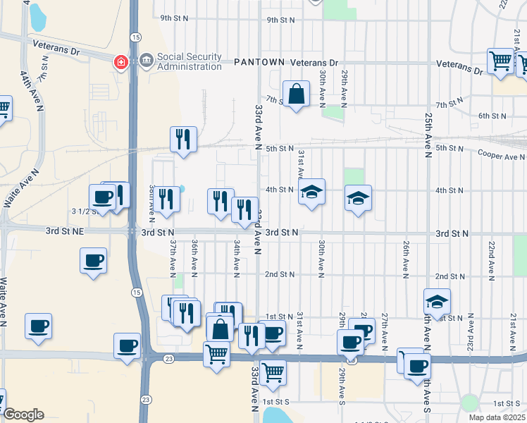 map of restaurants, bars, coffee shops, grocery stores, and more near 326 33rd Avenue North in St. Cloud