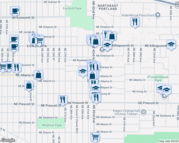map of restaurants, bars, coffee shops, grocery stores, and more near 5035 Northeast 42nd Avenue in Portland
