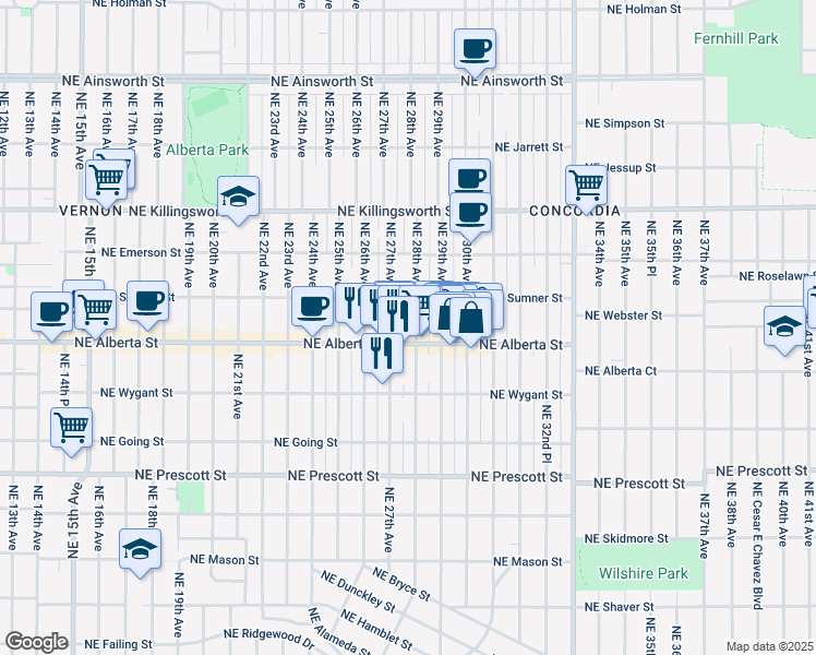 map of restaurants, bars, coffee shops, grocery stores, and more near 5029 Northeast 28th Avenue in Portland
