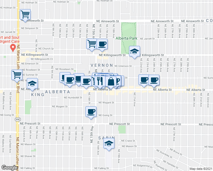 map of restaurants, bars, coffee shops, grocery stores, and more near 5026 Northeast 17th Avenue in Portland