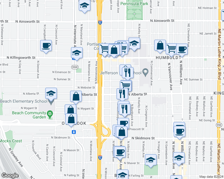 map of restaurants, bars, coffee shops, grocery stores, and more near 5023 North Michigan Avenue in Portland