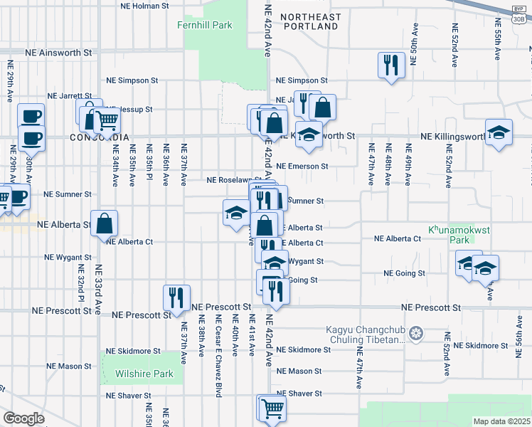 map of restaurants, bars, coffee shops, grocery stores, and more near 5035 Northeast 42nd Avenue in Portland