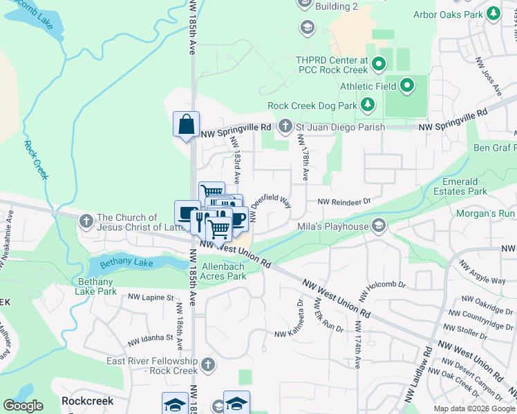 map of restaurants, bars, coffee shops, grocery stores, and more near 5412 Northwest Deerfield Way in Portland