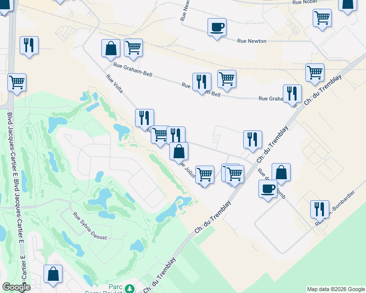 map of restaurants, bars, coffee shops, grocery stores, and more near 1420 Rue de Coulomb in Boucherville