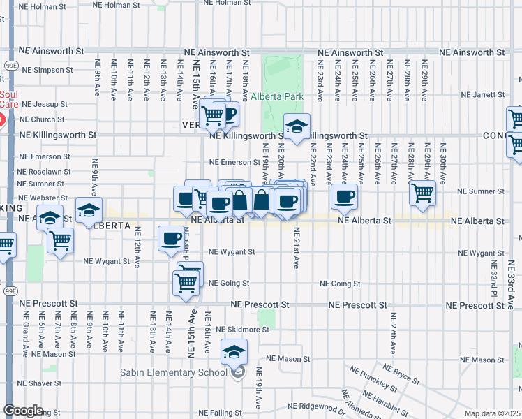 map of restaurants, bars, coffee shops, grocery stores, and more near 5027 Northeast 19th Avenue in Portland