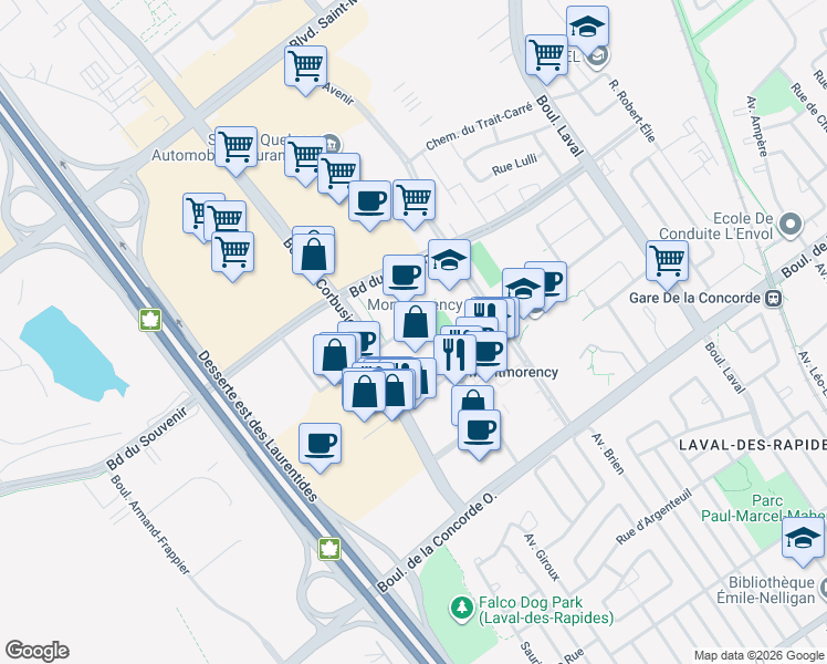 map of restaurants, bars, coffee shops, grocery stores, and more near 1900 Rue Émile-Martineau in Laval