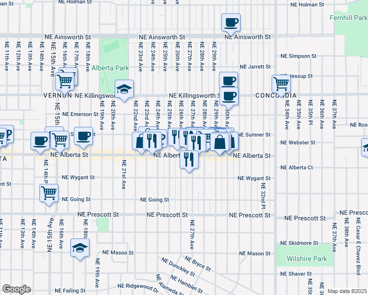 map of restaurants, bars, coffee shops, grocery stores, and more near 5028 Northeast 26th Avenue in Portland