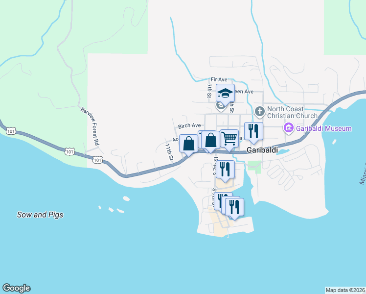 map of restaurants, bars, coffee shops, grocery stores, and more near 112 10th Street in Rockaway Beach