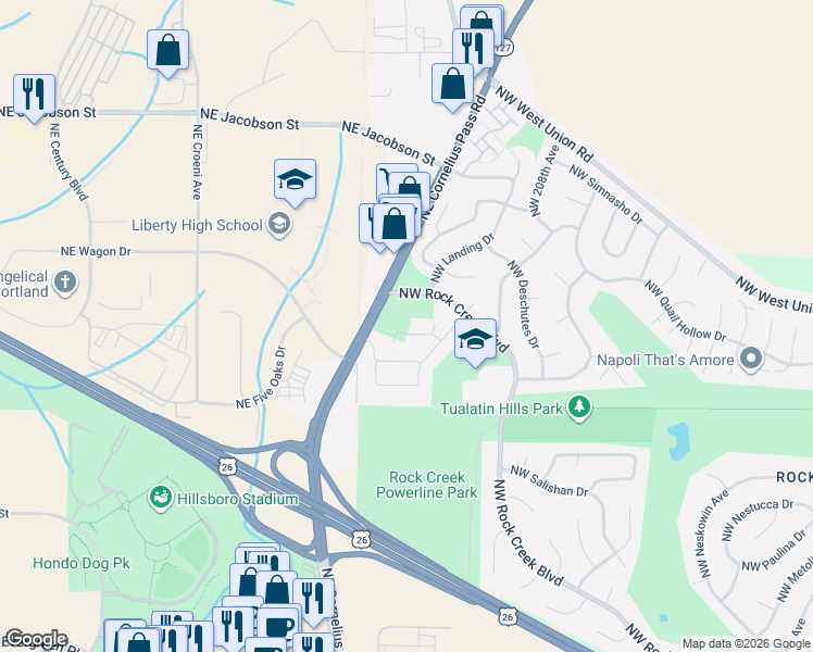 map of restaurants, bars, coffee shops, grocery stores, and more near 21415 Northwest Kenai Court in Portland