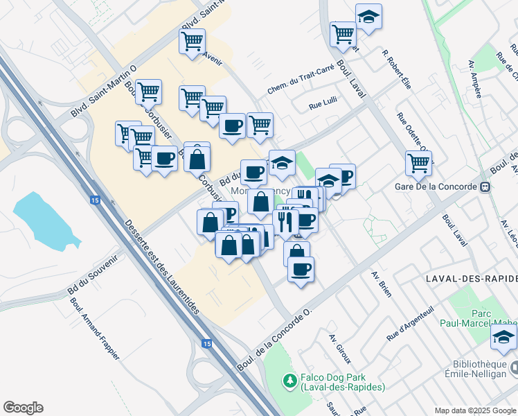 map of restaurants, bars, coffee shops, grocery stores, and more near 1900 Rue Émile-Martineau in Laval