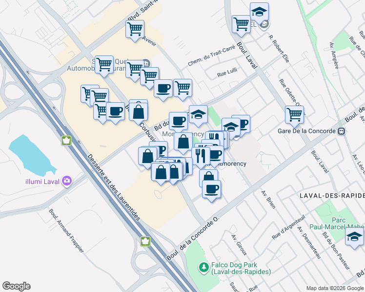 map of restaurants, bars, coffee shops, grocery stores, and more near 1900 Rue Émile-Martineau in Laval