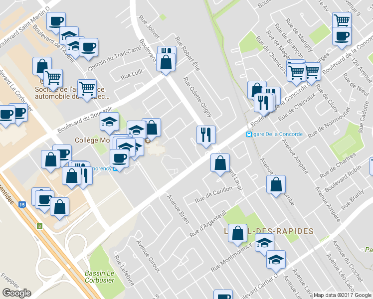 map of restaurants, bars, coffee shops, grocery stores, and more near 431 Place Deauville in Laval