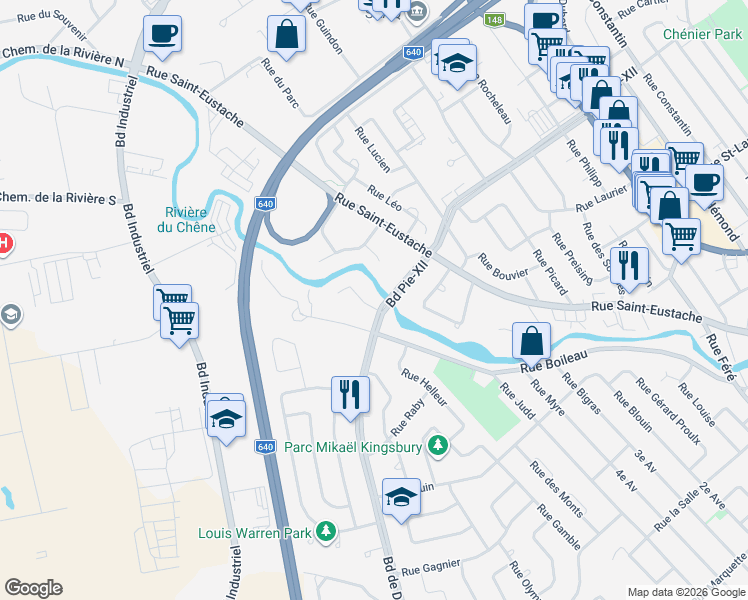 map of restaurants, bars, coffee shops, grocery stores, and more near 425 Rue Mallette in Saint-Eustache