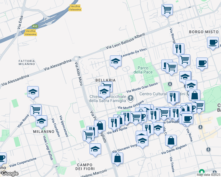 map of restaurants, bars, coffee shops, grocery stores, and more near 22 Via Monte Spluga in Cinisello Balsamo