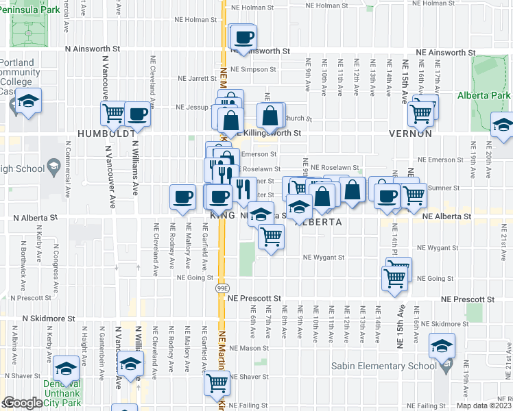 map of restaurants, bars, coffee shops, grocery stores, and more near 5044 Northeast 6th Avenue in Portland