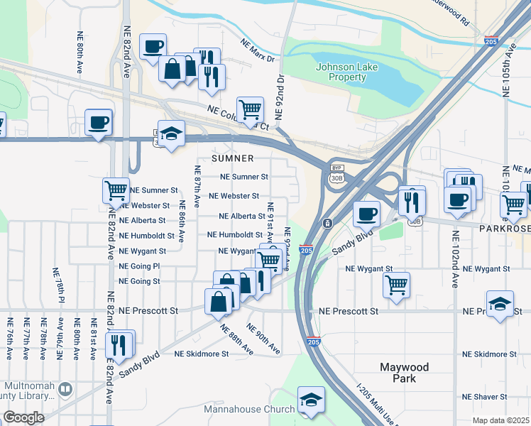 map of restaurants, bars, coffee shops, grocery stores, and more near 5009 Northeast 91st Avenue in Portland