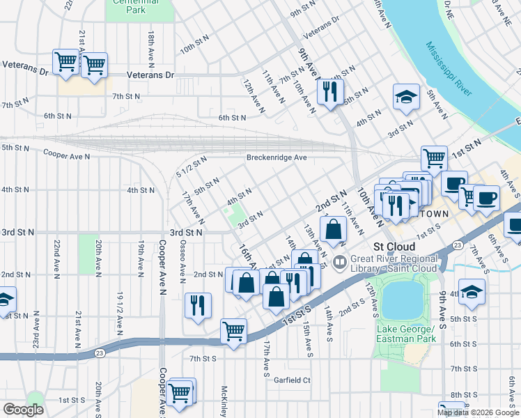 map of restaurants, bars, coffee shops, grocery stores, and more near 1409 3rd Street North in St. Cloud
