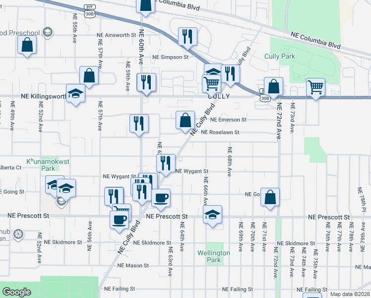 map of restaurants, bars, coffee shops, grocery stores, and more near 5044 Northeast Cully Boulevard in Portland