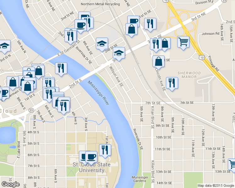 map of restaurants, bars, coffee shops, grocery stores, and more near 524 Riverside Drive Southeast in St. Cloud