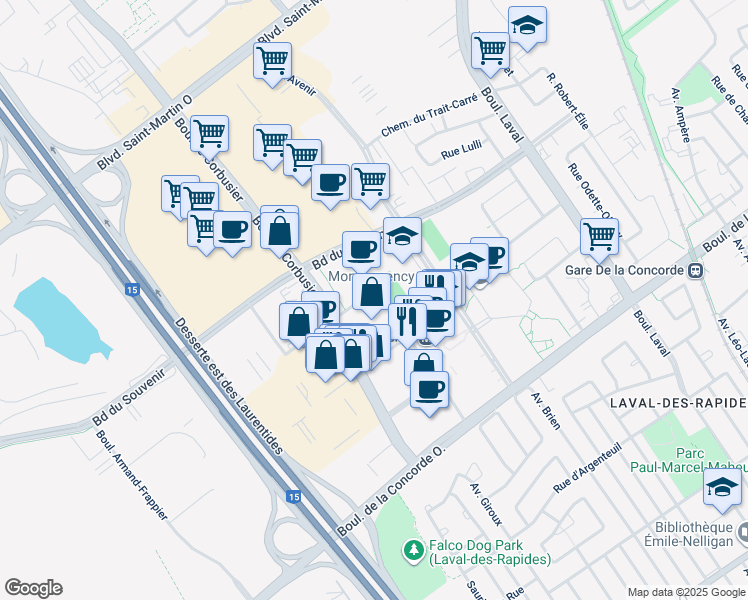 map of restaurants, bars, coffee shops, grocery stores, and more near 1400 Rue Lucien-Paiement in Laval