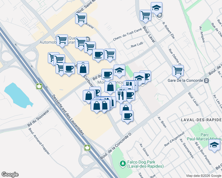 map of restaurants, bars, coffee shops, grocery stores, and more near 1400 Rue Lucien-Paiement in Laval