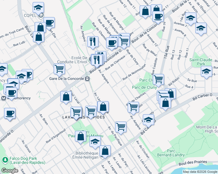 map of restaurants, bars, coffee shops, grocery stores, and more near 480 Avenue Ampère in Laval