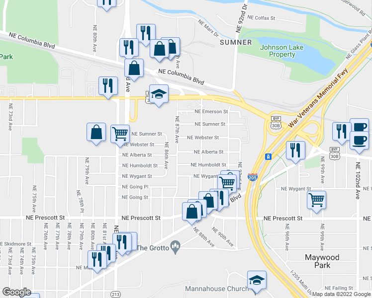 map of restaurants, bars, coffee shops, grocery stores, and more near 8737 Northeast Alberta Street in Portland