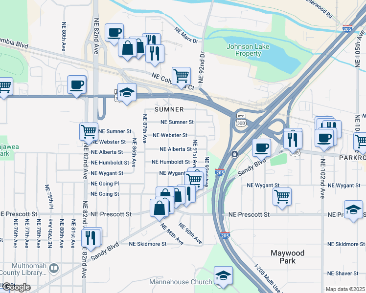 map of restaurants, bars, coffee shops, grocery stores, and more near 5009 Northeast 91st Avenue in Portland