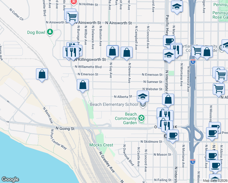 map of restaurants, bars, coffee shops, grocery stores, and more near 2136 North Webster Street in Portland